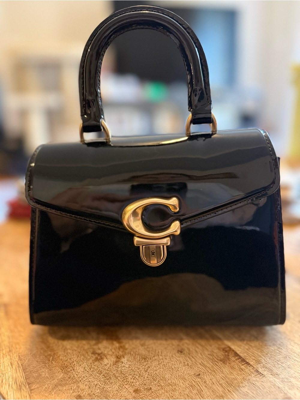 Coach Black Patent Leather Top-Handle Crossbody with Gold 'C' Clasp